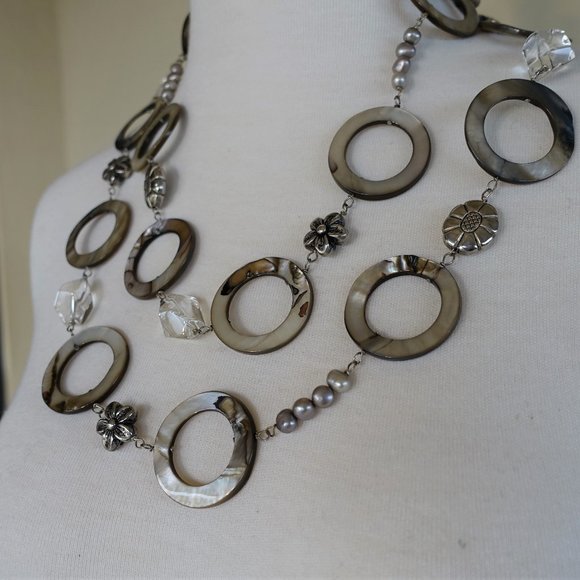 Long statement necklace--Abalone MOP, pearl, rock crystal - Picture 5 of 9